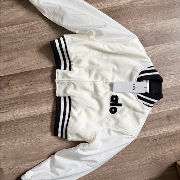 ALO Yoga Women's Cream Varsity Jacket with Black Accents - Picture 2 of 4